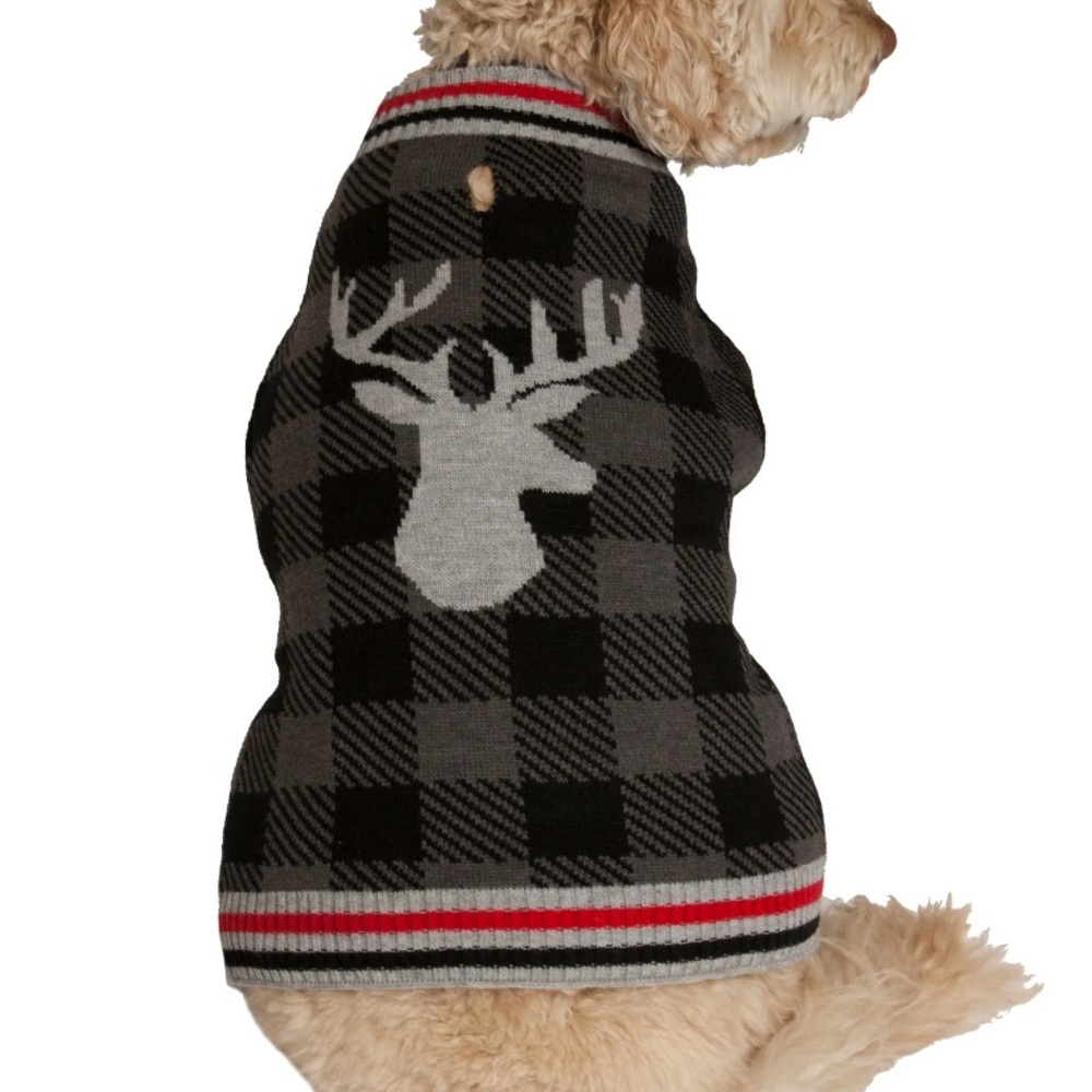 Cozy Black and Gray Plaid Dog Sweater with Deer Design